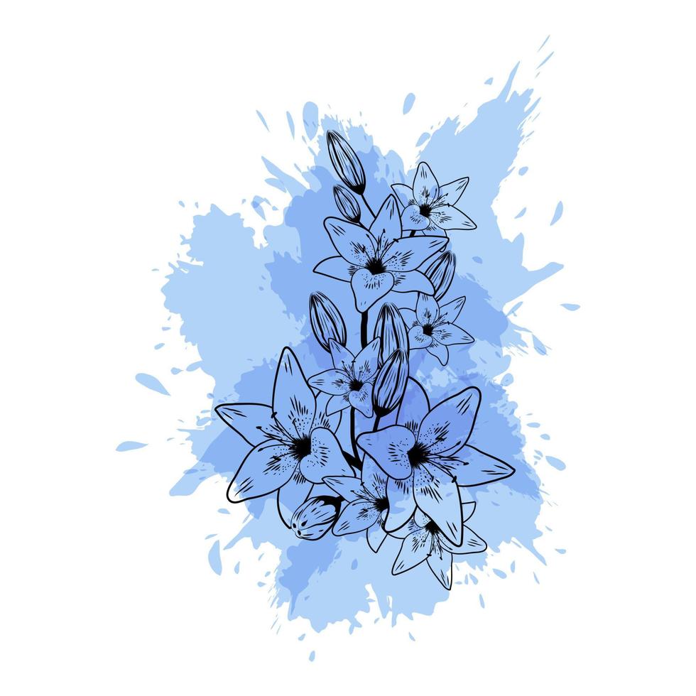 omtrek van leliebloemen op een blauwe aquarelvlek vector