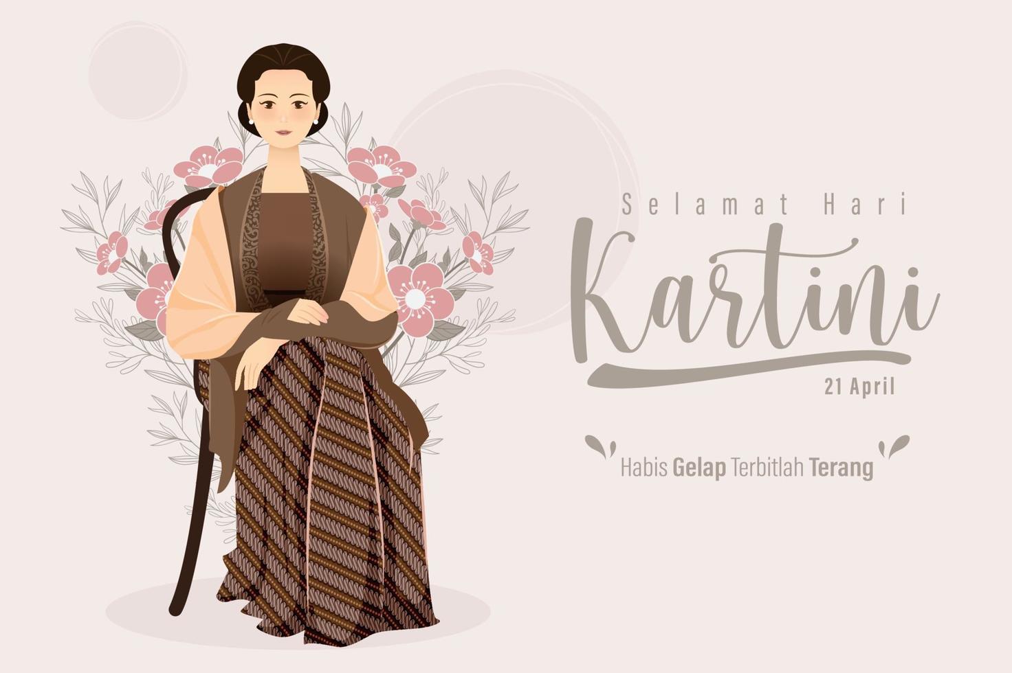 selamat hari kartini betekent gelukkige kartini-dag. kartini is een Indonesische vrouwelijke held. habis gelap terbitlah terang betekent na duisternis komt licht. vectorillustratie. vector