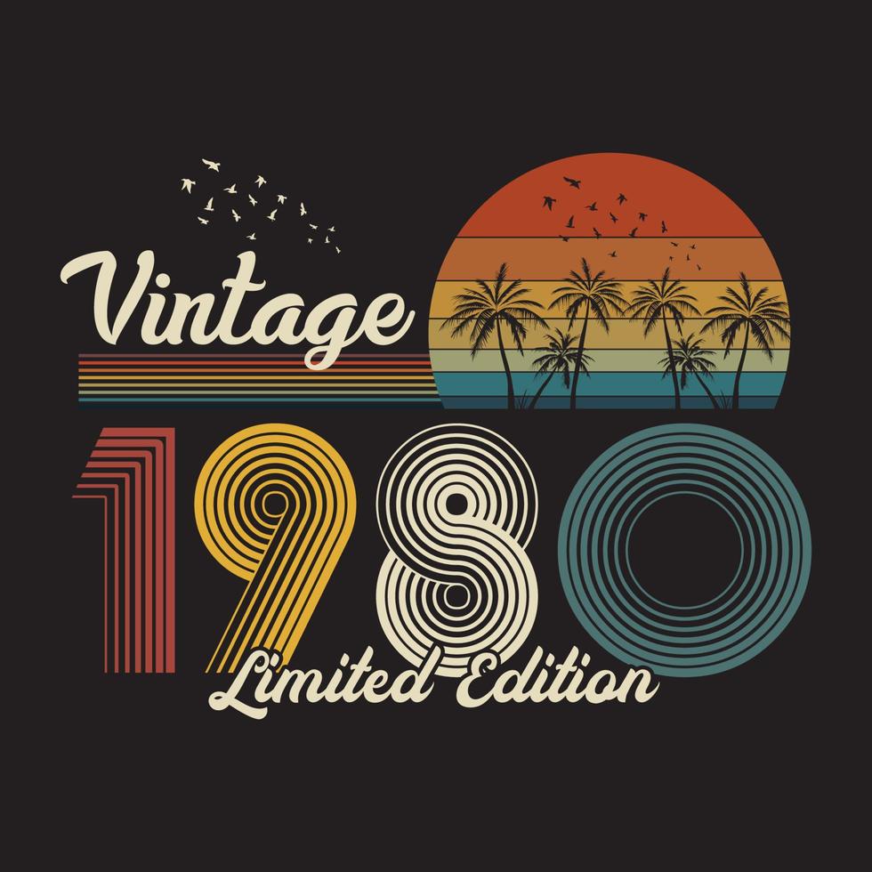 1980 vintage retro t-shirtontwerp, vector, zwarte achtergrond vector