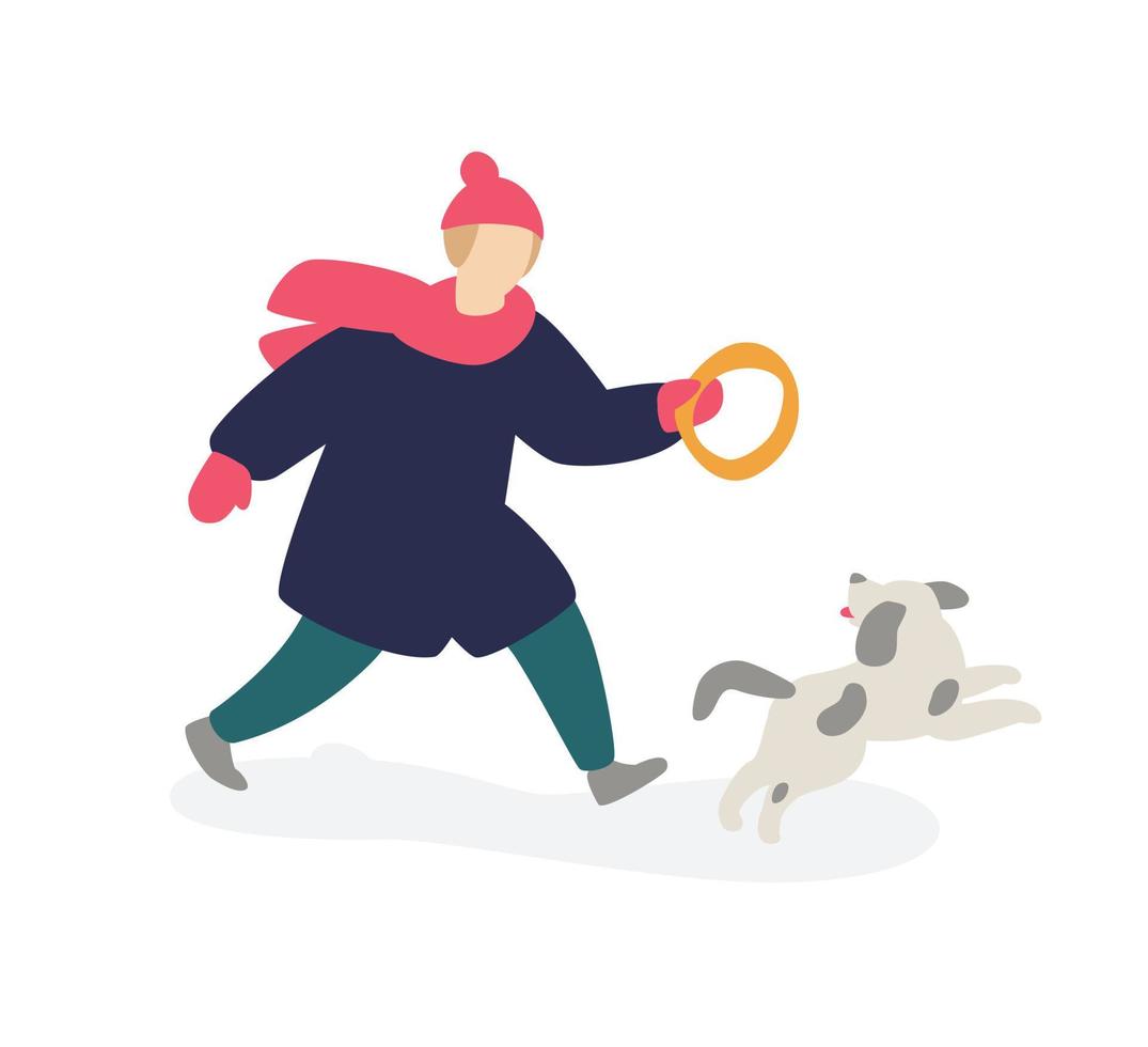 illustratie van een meisje dat met een hond speelt. vector. meisje tiener in jas loopt samen met een grijze hond. twee vrienden. platte cartoonstijl. rust met de beste vriend in de natuur. winterwandelingen. vector