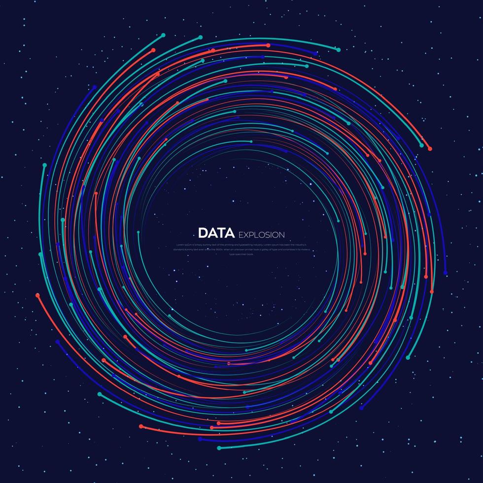 evolutie van gegevens. vector explosie kleurrijke stip lijnen achtergrond. gegevensoverdracht, sociaal netwerk, internetdatabases. vectorillustratiegebruik voor kwantumtechnologie, digitaal, wetenschap, communicatie.