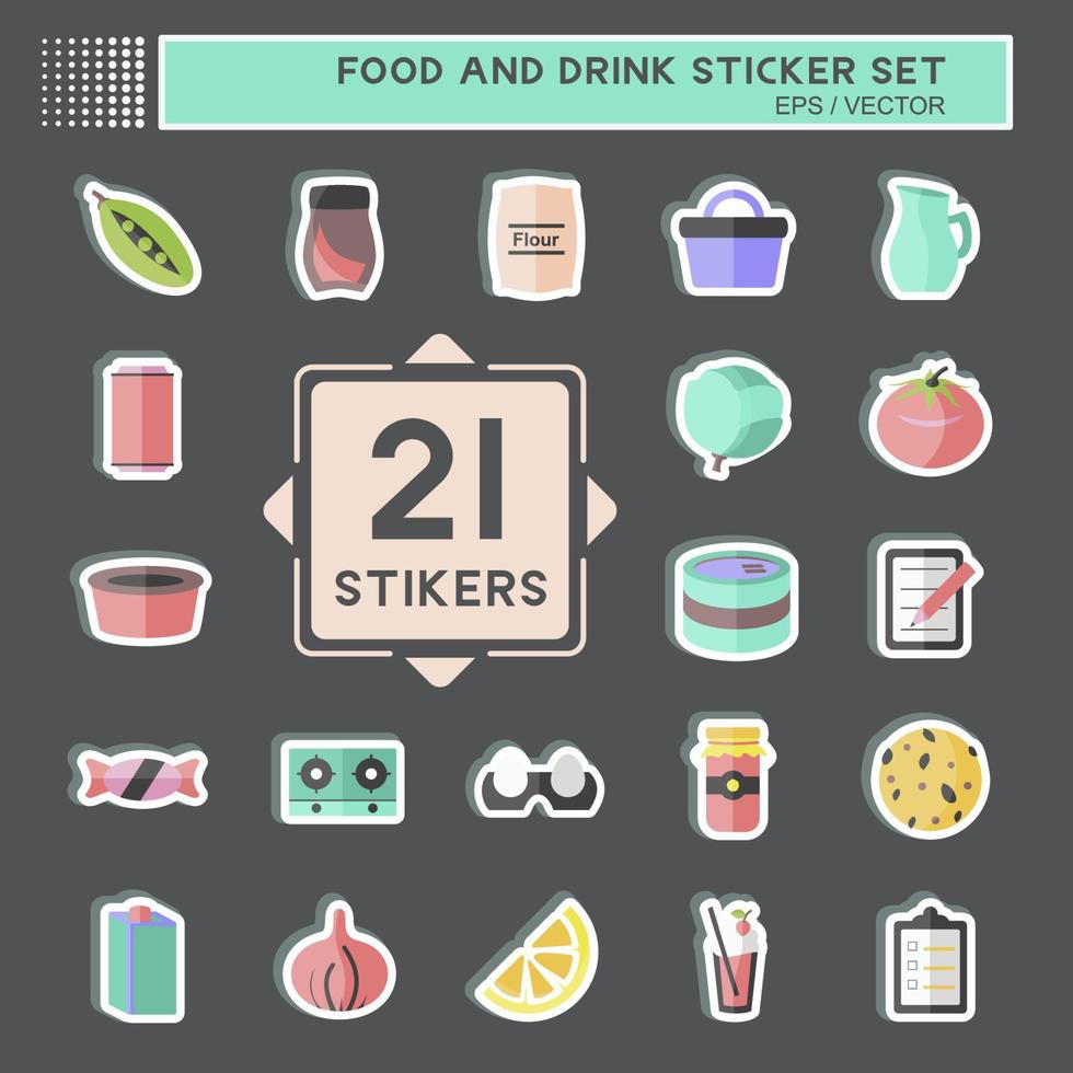 eten en drinken sticker set in trendy geïsoleerd op zwarte achtergrond vector