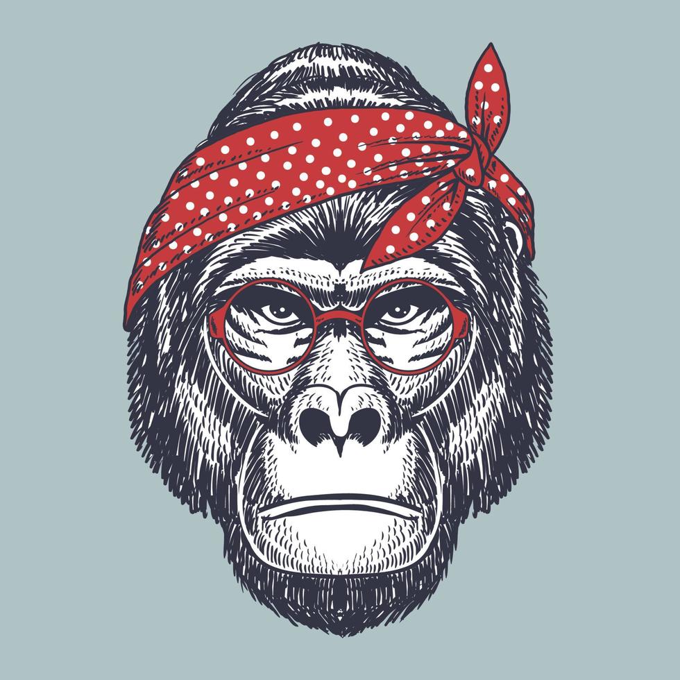 gorilla hand getekend met een rode bril en bandana polka dot vector