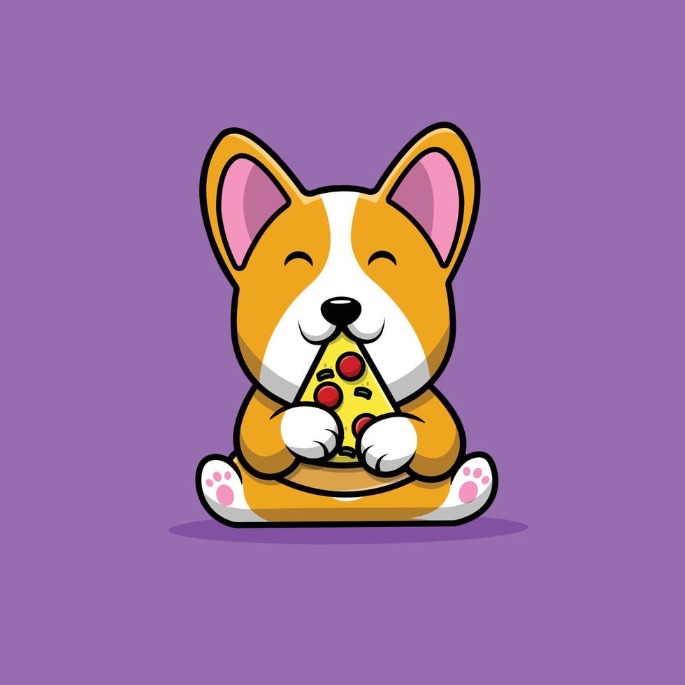 schattige corgi hond eet pizza cartoon vector pictogram illustratie. dierlijk voedsel pictogram concept geïsoleerde premium vector. platte cartoonstijl