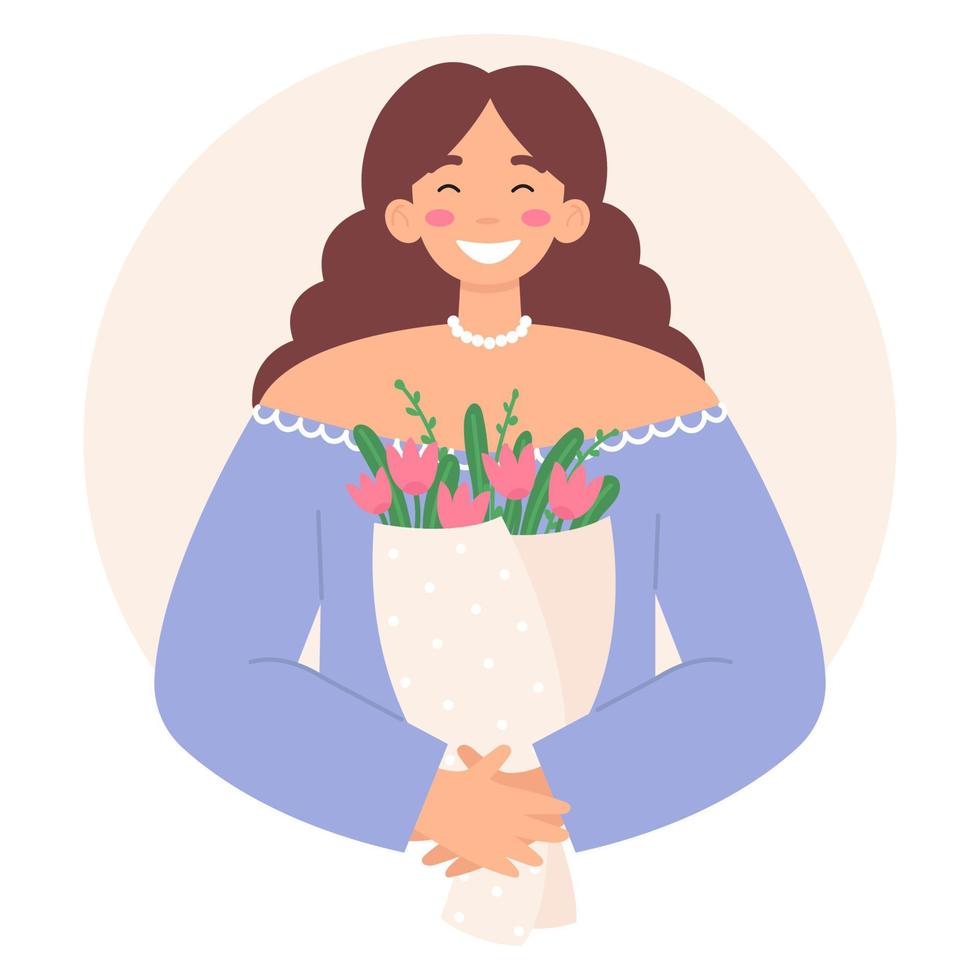 vrouw houdt boeket bloemen en glimlachen. gefeliciteerd met de dag of verjaardag van de vrouw. schattige platte vectorillustratie geïsoleerd op witte bachground vector