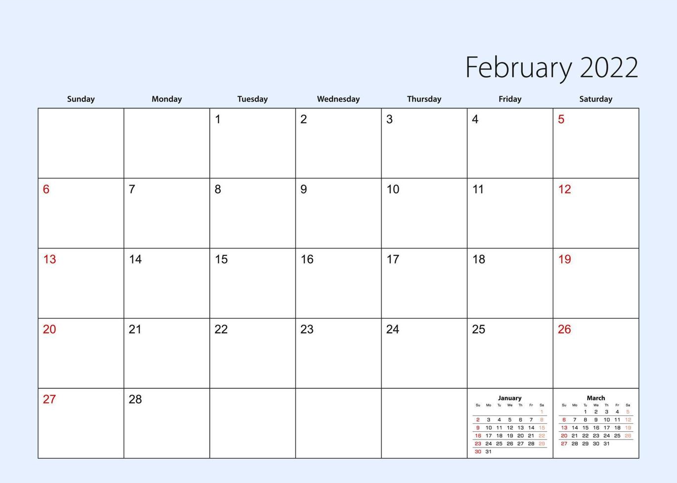 wandkalender planner voor februari 2022. vector