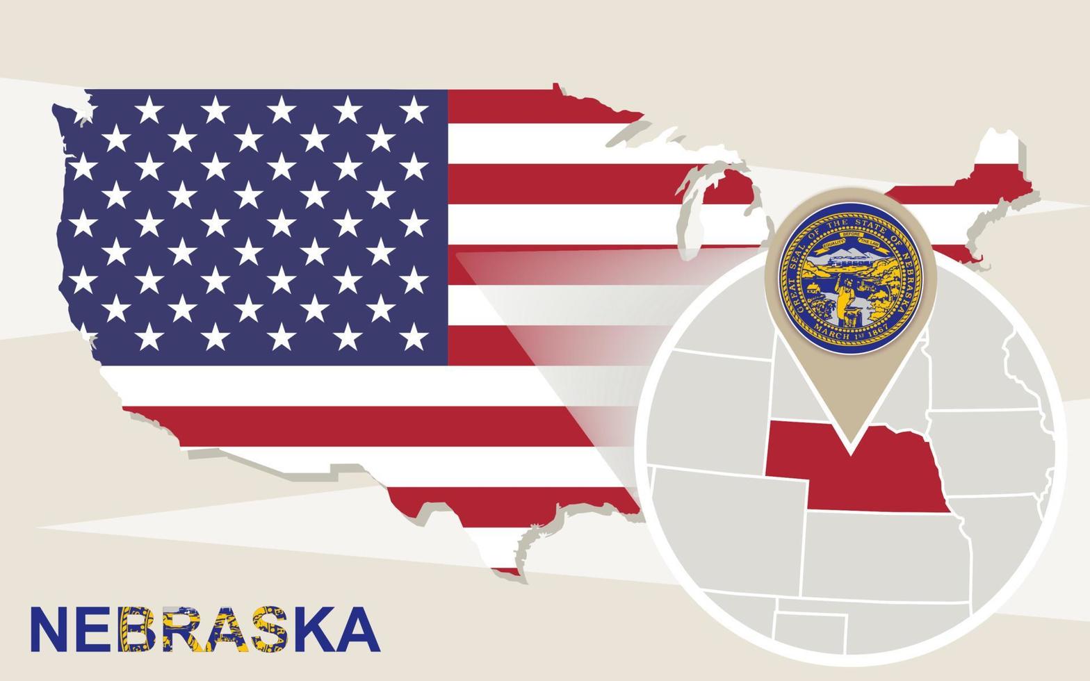 usa kaart met vergrote nebraska staat. nebraska vlag en kaart. vector