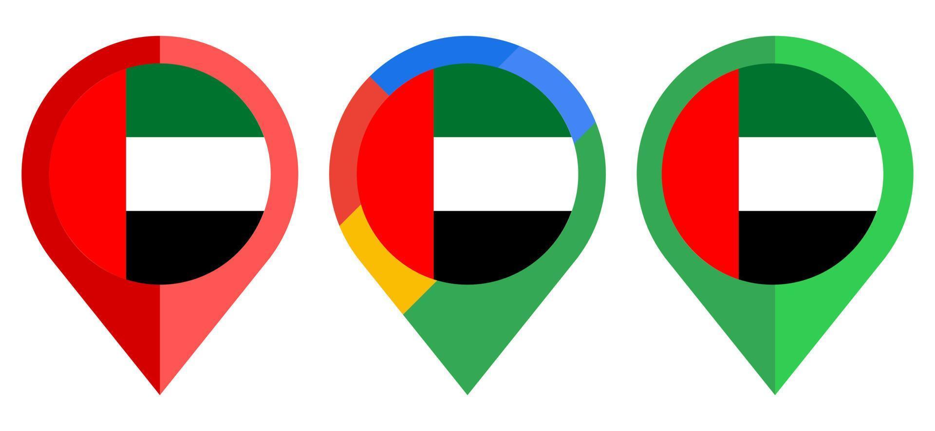 platte kaartmarkeringspictogram met de vlag van de verenigde arabische emiraten geïsoleerd op een witte achtergrond vector