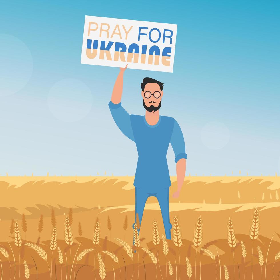 een man van gemiddelde lengte houdt een poster vast met het opschrift bid voor oekraïne. landelijk landschap met tarweveld en blauwe lucht op de achtergrond. vector. vector