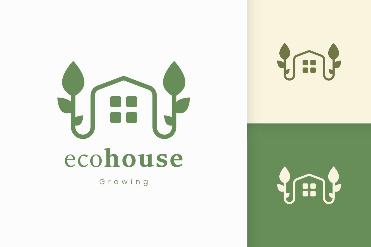 natuur groen huis logo met boom en bladvorm vector