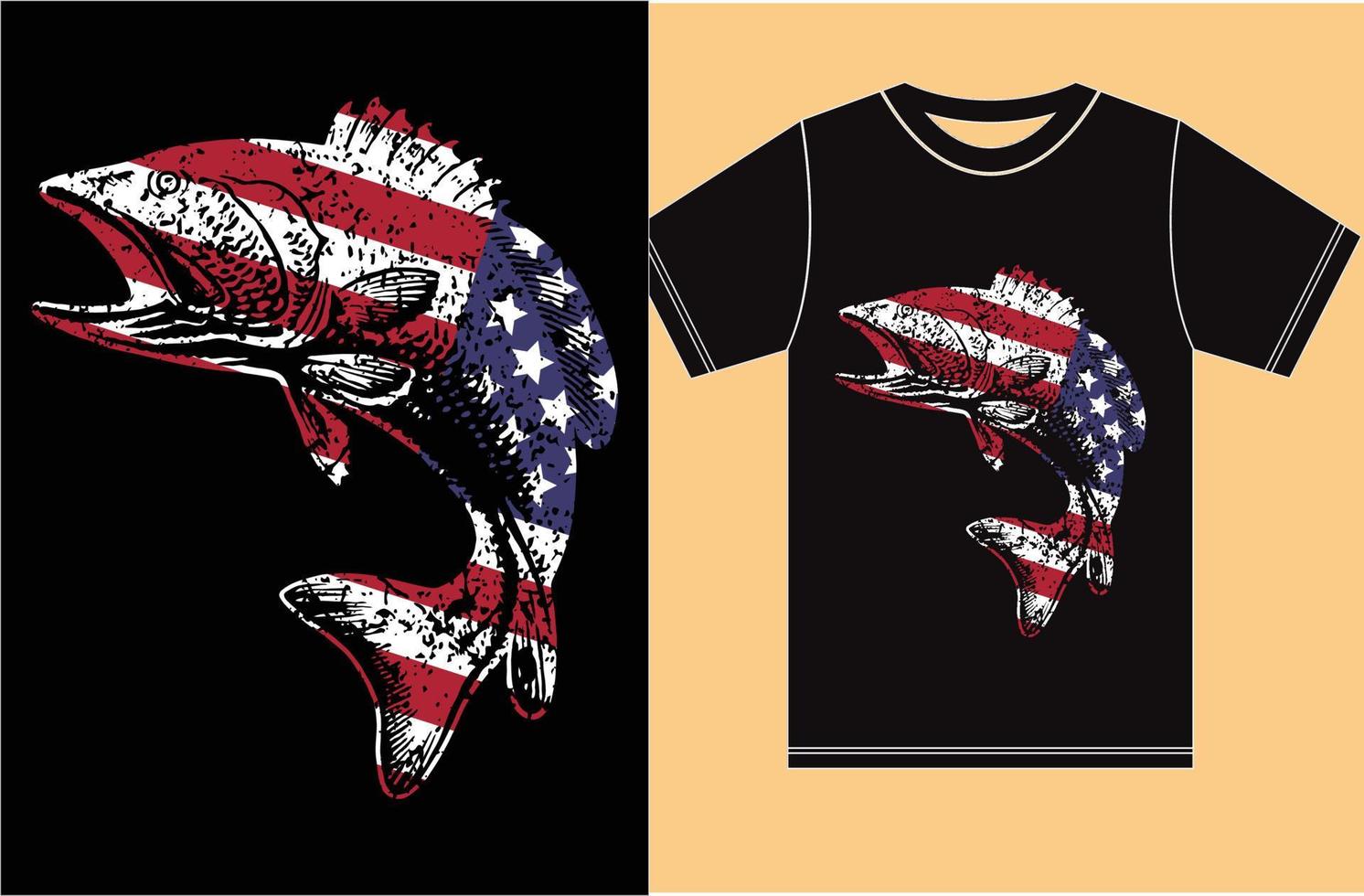Amerikaanse vlag met vissen t-shirt ontwerp. vector