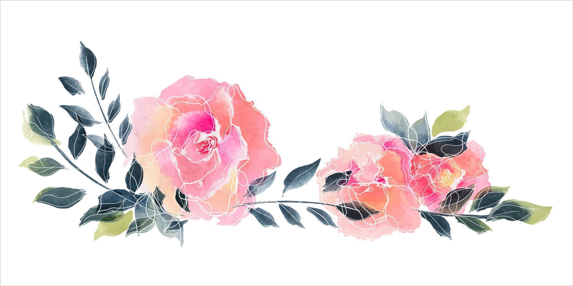 roze bloemen en bladeren aquarel boeket vector