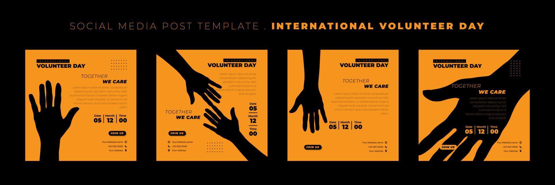 set van social media post sjabloonontwerp met silhouet van de hand. internationale vrijwilligersdag sjabloonontwerp. vector