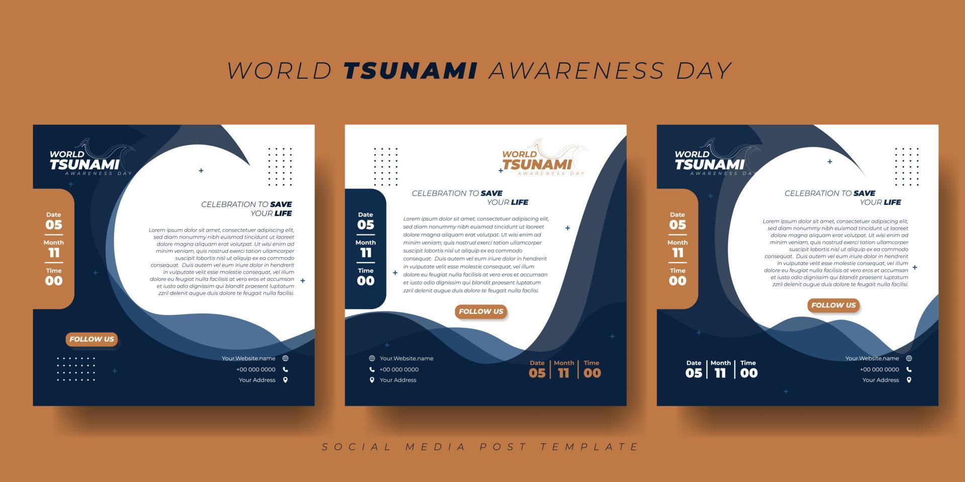 set van social media postsjabloon met tsunami-golven achtergrondontwerp. wereld tsunami bewustzijn dag sjabloonontwerp. vector