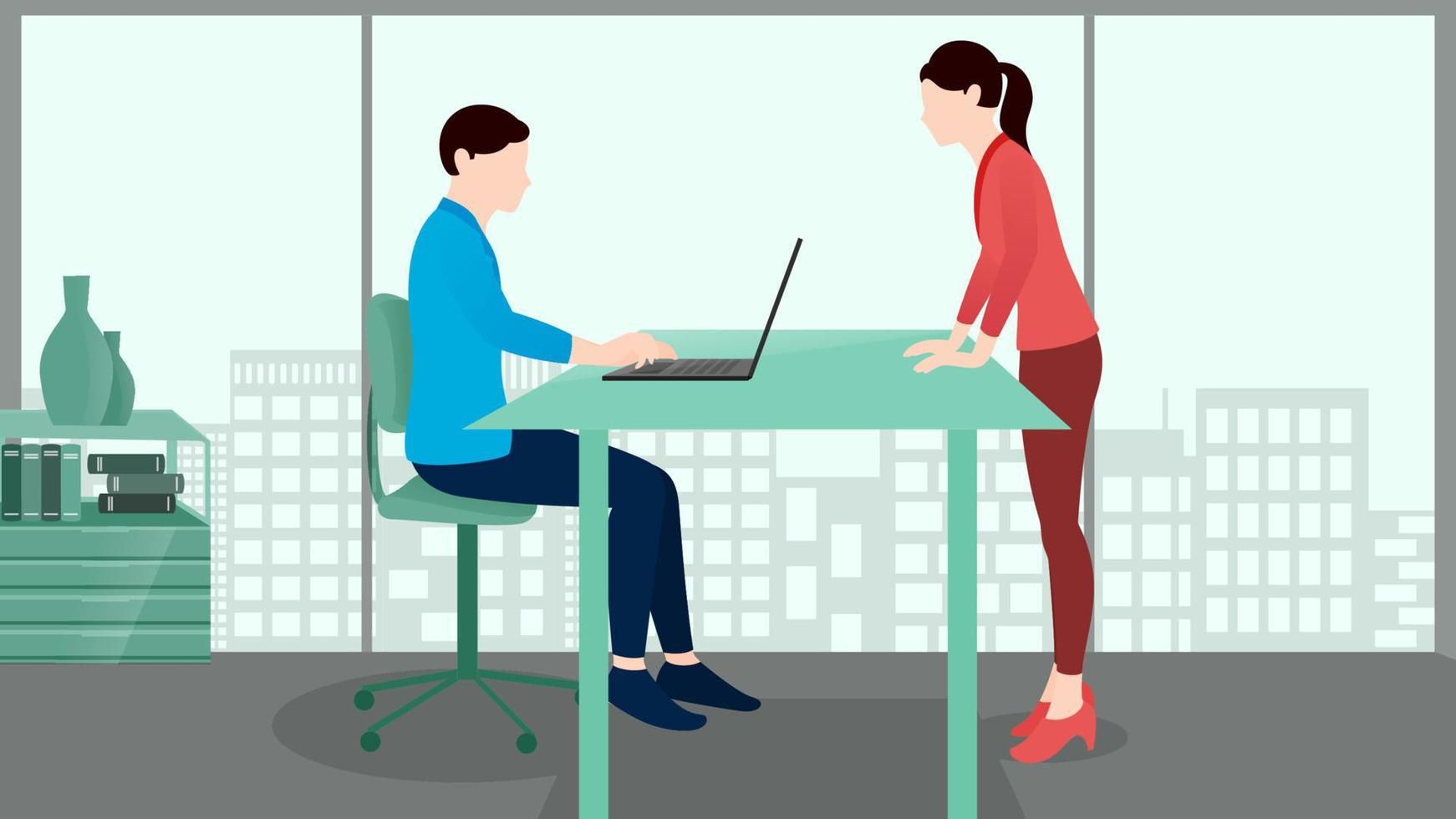 man met laptop en vrouw staat in de buurt van de tafel, business concept vector teken illustratie op platte gebouw achtergrond.