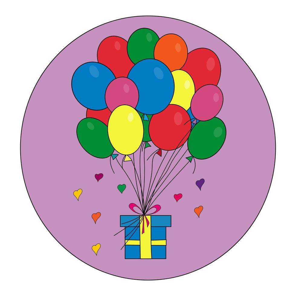 vector vakantie illustratie. veelkleurige ballonnen met een cadeau voor een versierde kartonnen doos
