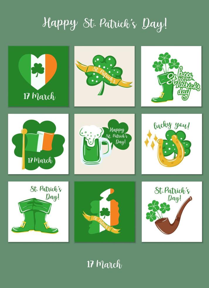 st. patrick's vakantieposterset. van de symbolen en elementen van de vakantie kabouter hoed, klaverblad, hoefijzers. vector