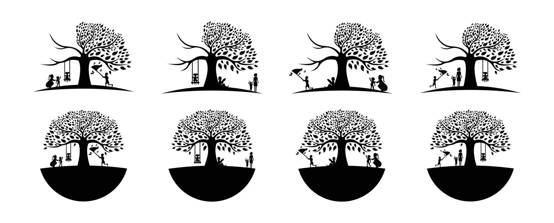 kinderen en moeders spelen onder de boom, het zwarte eikenboomlogo en de wortels ontwerpen vectorillustratie vector