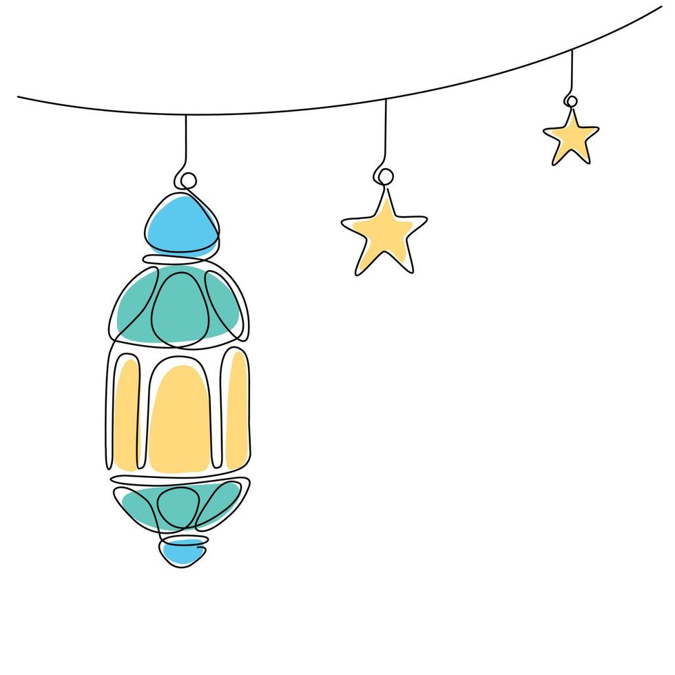 Marokkaanse lantaarn en ster, doorlopende enkele lijntekening, als sjabloon voor ramadan kareem en eid al fitr, geïsoleerd op een witte achtergrond. vectorillustratie. vector