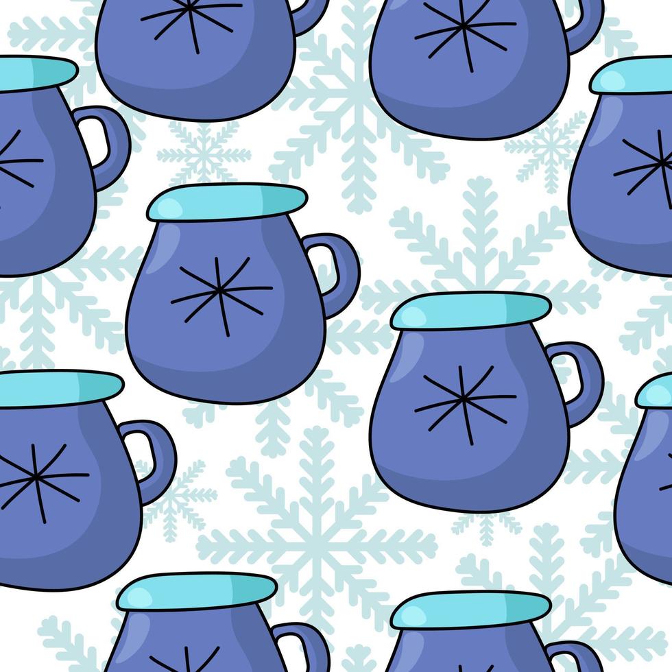 blauwe kop met contour sneeuwvlok naadloos patroon, gezellige mok in cartoon-stijl op een achtergrond van sierlijke sneeuwvlokken vector