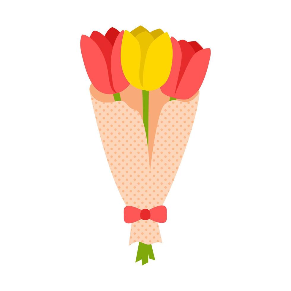 boeket rode en gele tulpen in verpakkingspapier. lente boeket. bloem illustratie. vlakke stijl. geïsoleerd op een witte achtergrond. vector