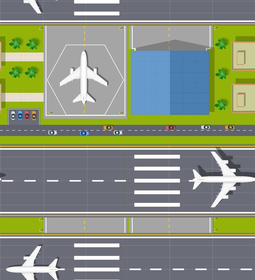 bovenaanzicht van de luchthaven van het naadloze patroonvliegtuig. terminal met vliegtuigen en vliegtuig. achtergrond stadskaart patroon straten, landingsbaan en gebouwen. vector