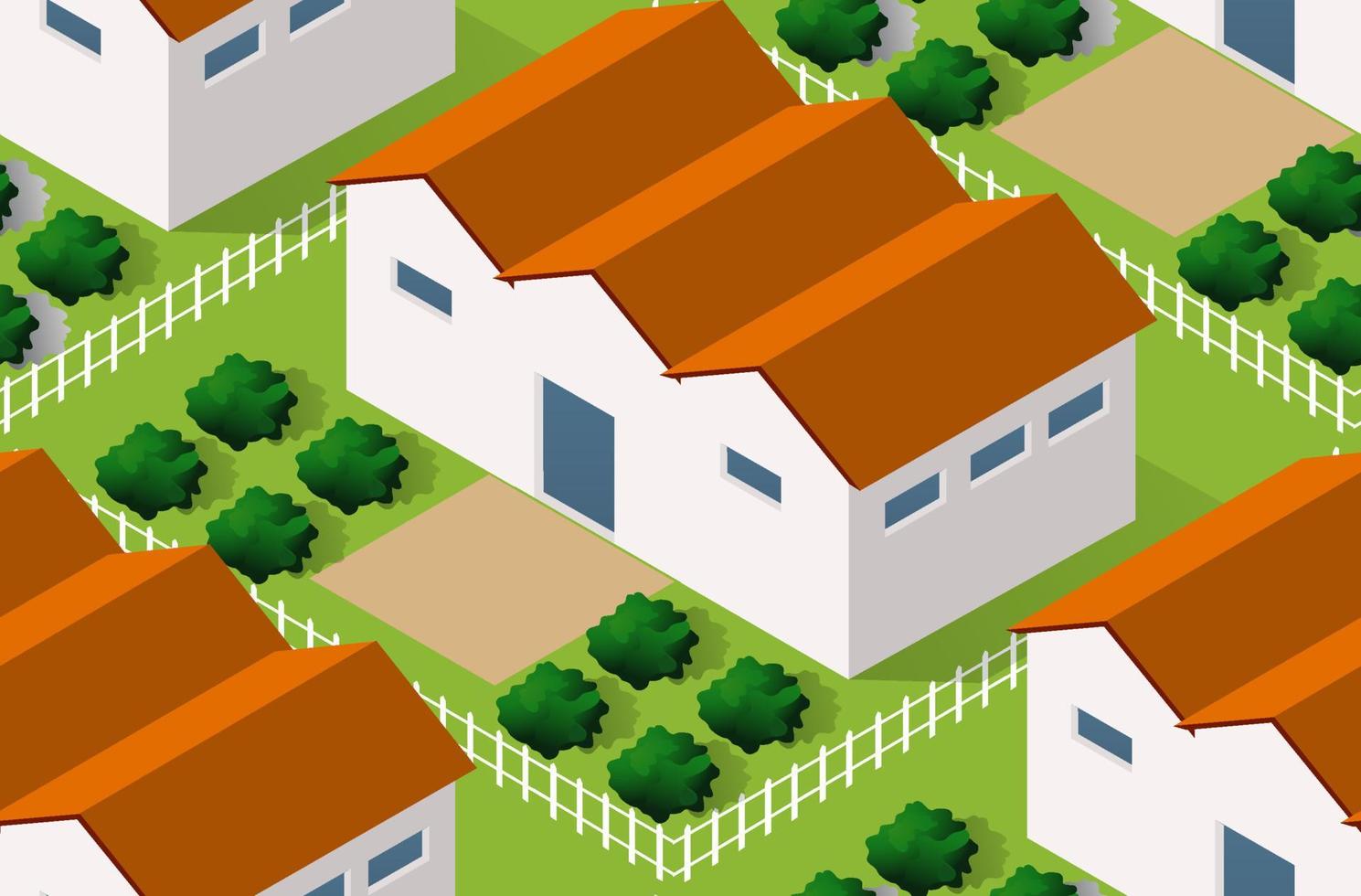 isometrics dorp naadloze patroon. structuurlandschap in de voorsteden van ranch villa huisje met bomen park gazon gras en straten van 3d illustratie vector