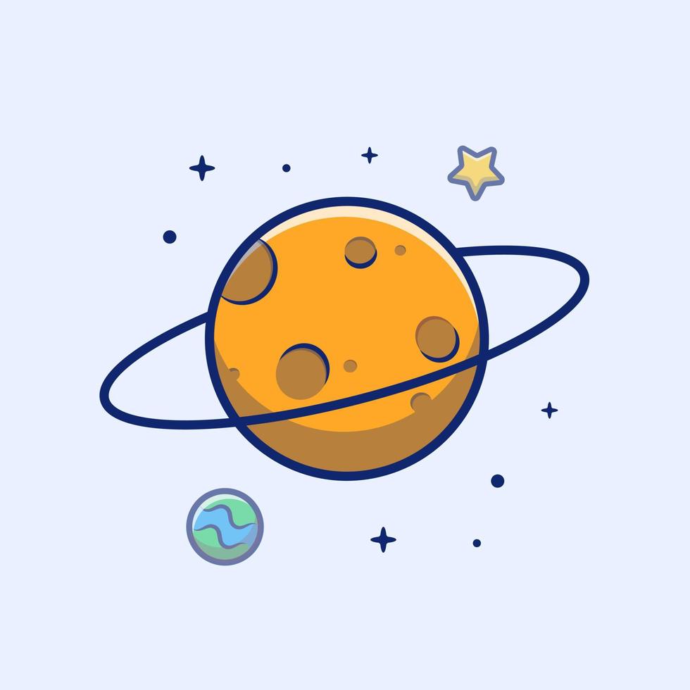 planeet Saturnus met ster in ruimte cartoon vector pictogram illustratie. natuur wetenschap pictogram concept geïsoleerde premium vector. platte cartoonstijl