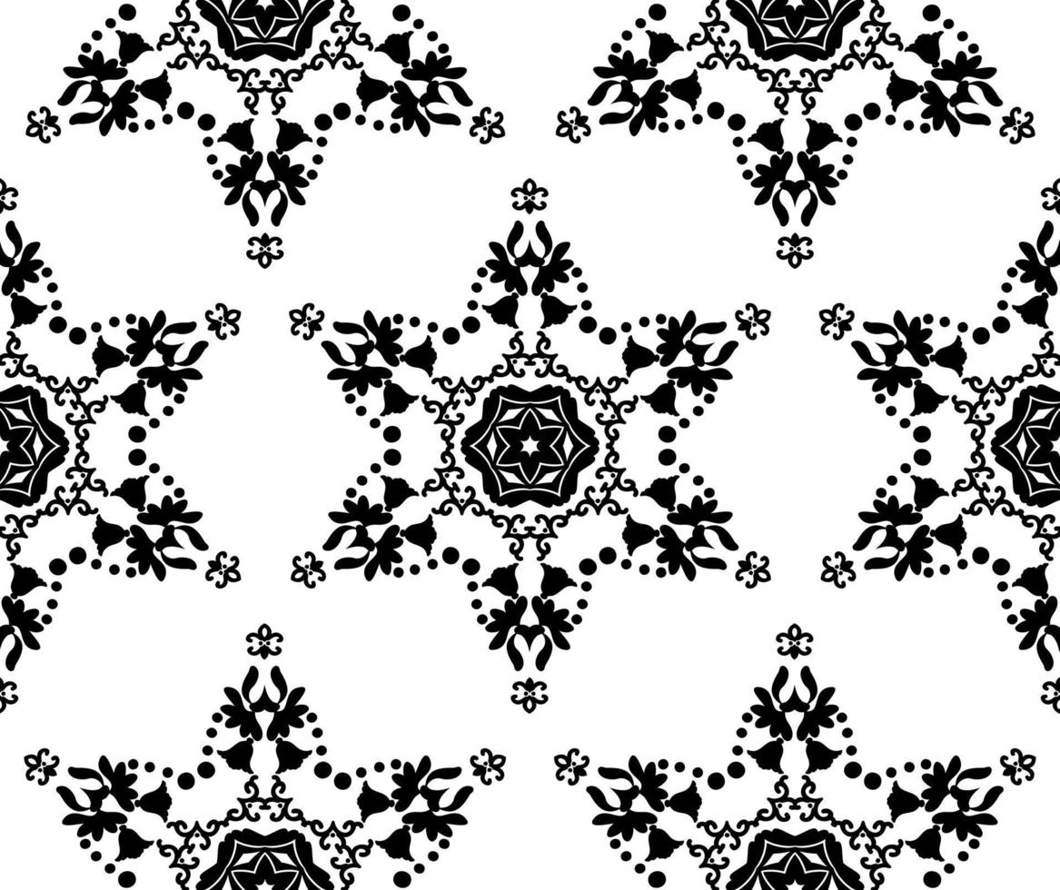 vector naadloze patroon van bloemen mandala's. zwarte patroon sterren op een witte achtergrond. abstractie van gebeeldhouwde artistieke elementen in oosterse stijl.