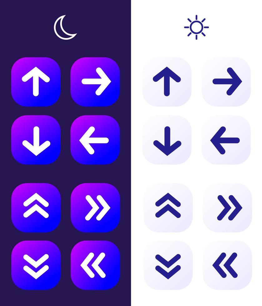 pijlpictogram set kit met verloop paars blauw voor gebruikersinterface mobiele web-app of zakelijke presentatie grafisch element om richting te tonen vector