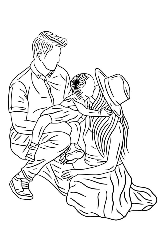 familie met liefde gelukkige vrouw en echtgenoot met baby en kind lijntekeningen illustratie vector