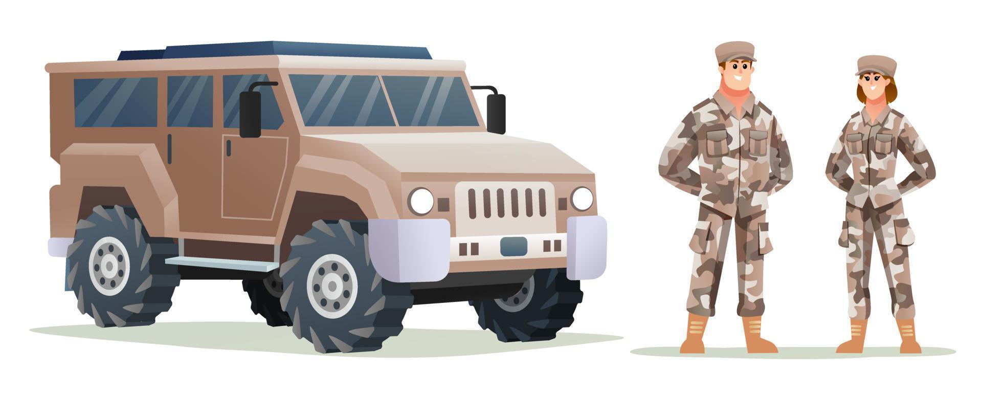 mannelijke en vrouwelijke leger soldaat karakters met militaire voertuig cartoon afbeelding vector