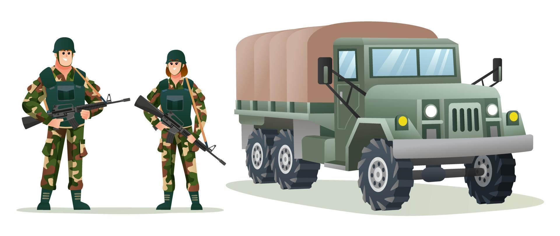 mannelijke en vrouwelijke legersoldaten met wapengeweren met cartoonillustratie van een militaire vrachtwagen vector