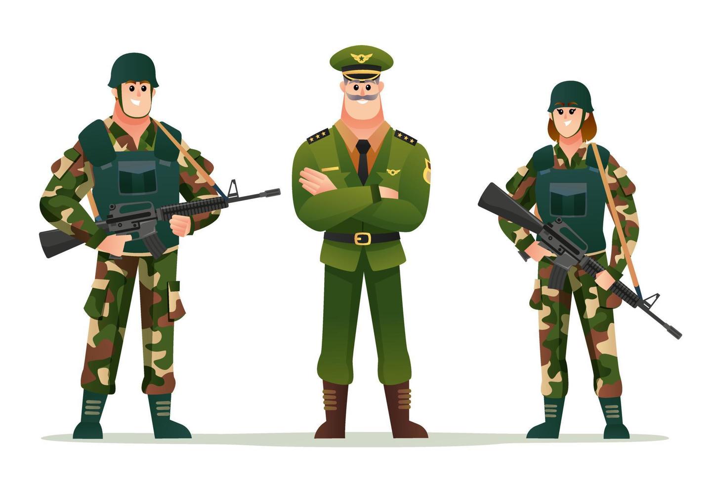 legerkapitein met man en vrouw soldaten met wapengeweren tekenset vector