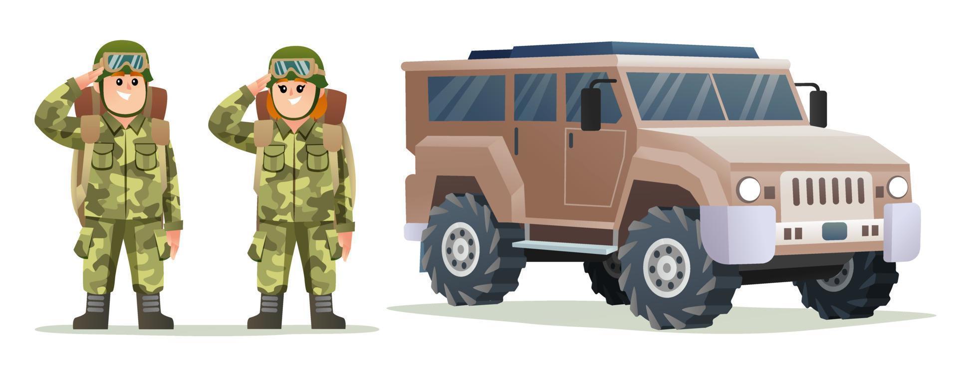 schattige jongen en meisje leger soldaat dragen rugzak karakters met militair voertuig vector