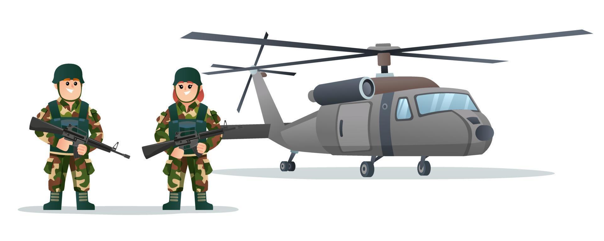 schattige mannelijke en vrouwelijke legersoldaten die wapengeweren vasthouden met een cartoonillustratie van een militaire helikopter vector