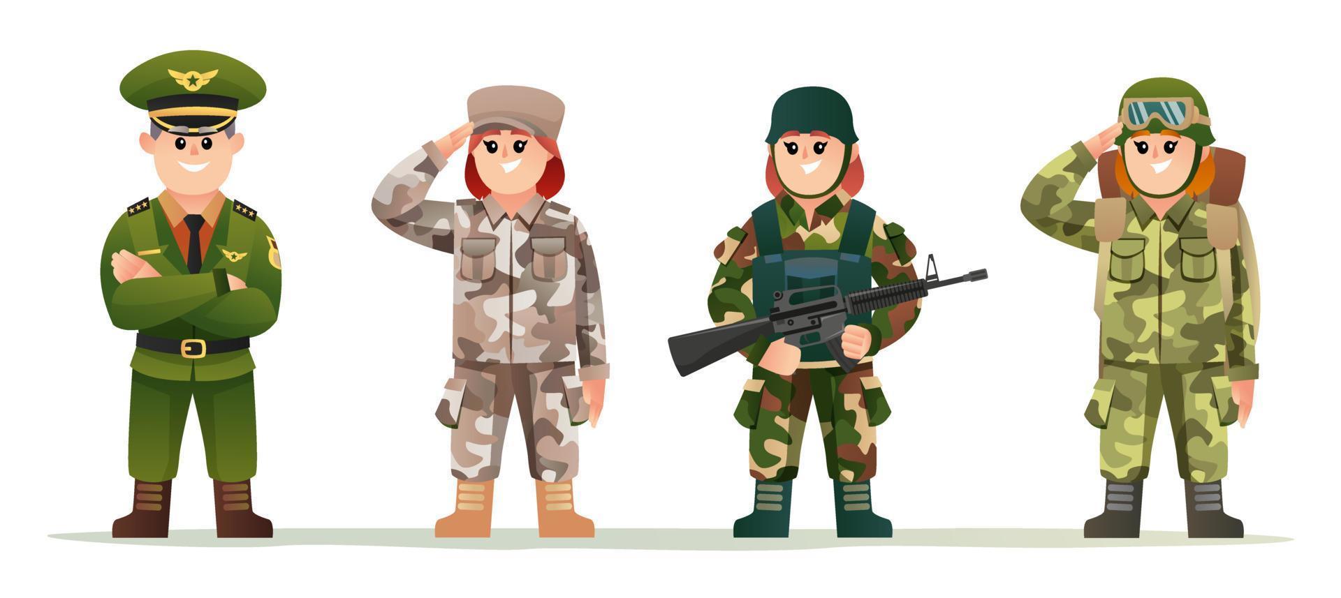 schattige kleine legerkapitein met vrouwelijke soldaten in verschillende karaktersets van camouflagekostuums vector