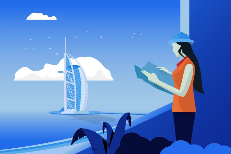 Landschapsmening van de zee met Burj Al Arab Jumeirah. Vrouwen Zie wereldkaart. Ze stond bij het raam. Reizen en vakantie tijd concept. vector