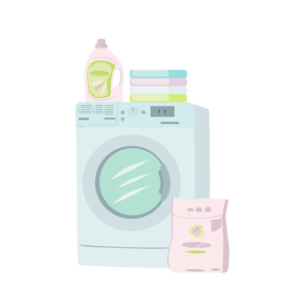 wasmachine, waspoeder, wasmiddel en stapel gewassen kleding. vector
