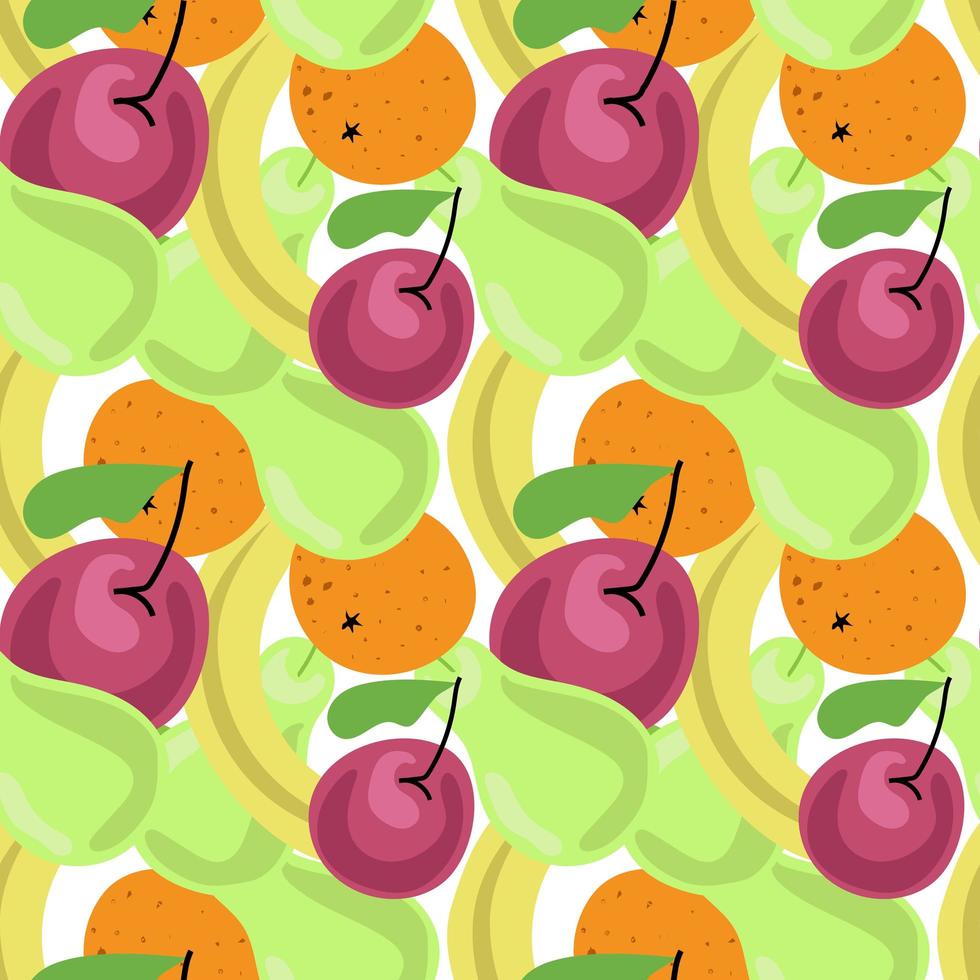 naadloos patroon. heldere vruchten. sinaasappelen, bananen, kersen en peren. vector in vlakke stijl. geschikt voor textiel, verpakking.
