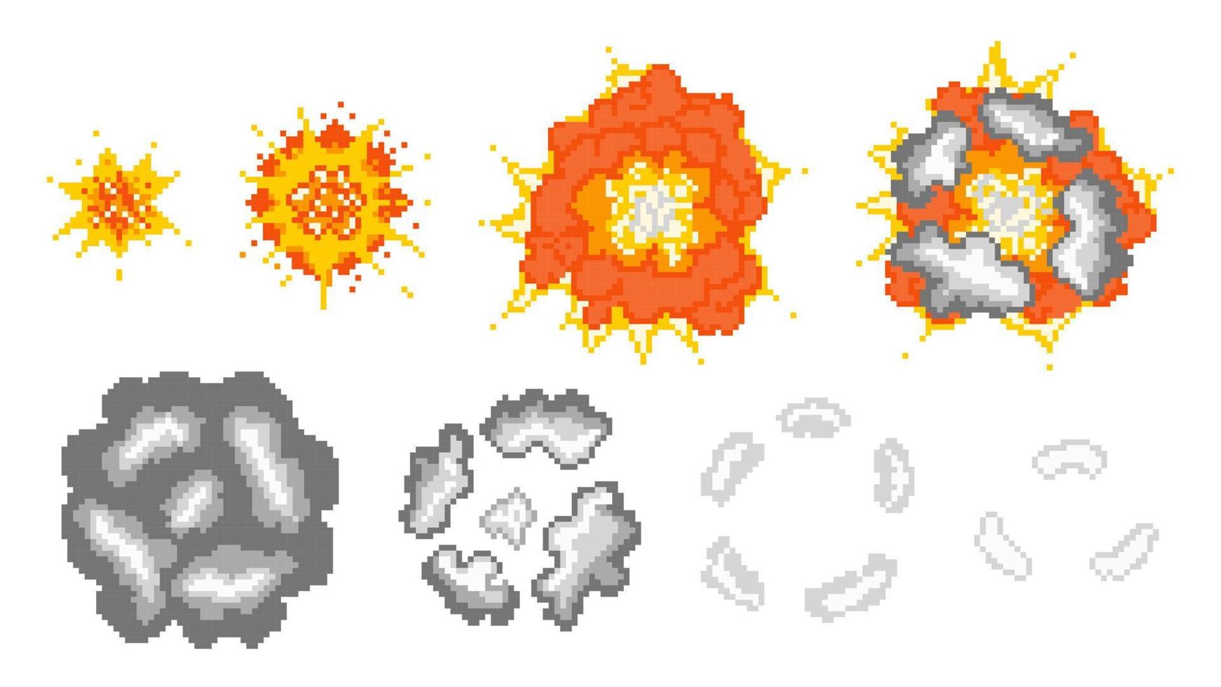 stadia destructieve pixel explosie illustratie. initiële flits toename van vuurbal en rode krachtige detonatie met rookverspreiding en verdwijning grijze wolken vector