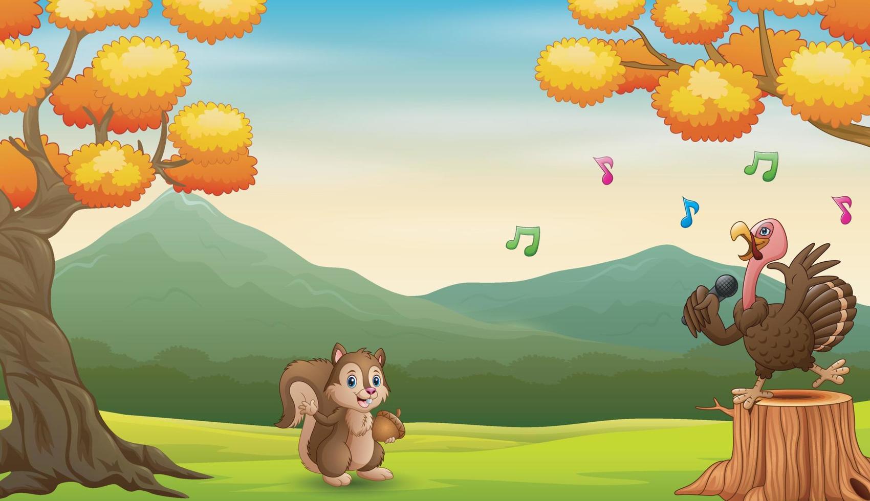 cartoon eekhoorn kijken naar een kalkoen zingen op een boomstronk vector