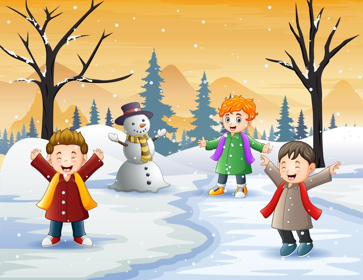 gelukkige kinderen die in de winter buiten spelen vector