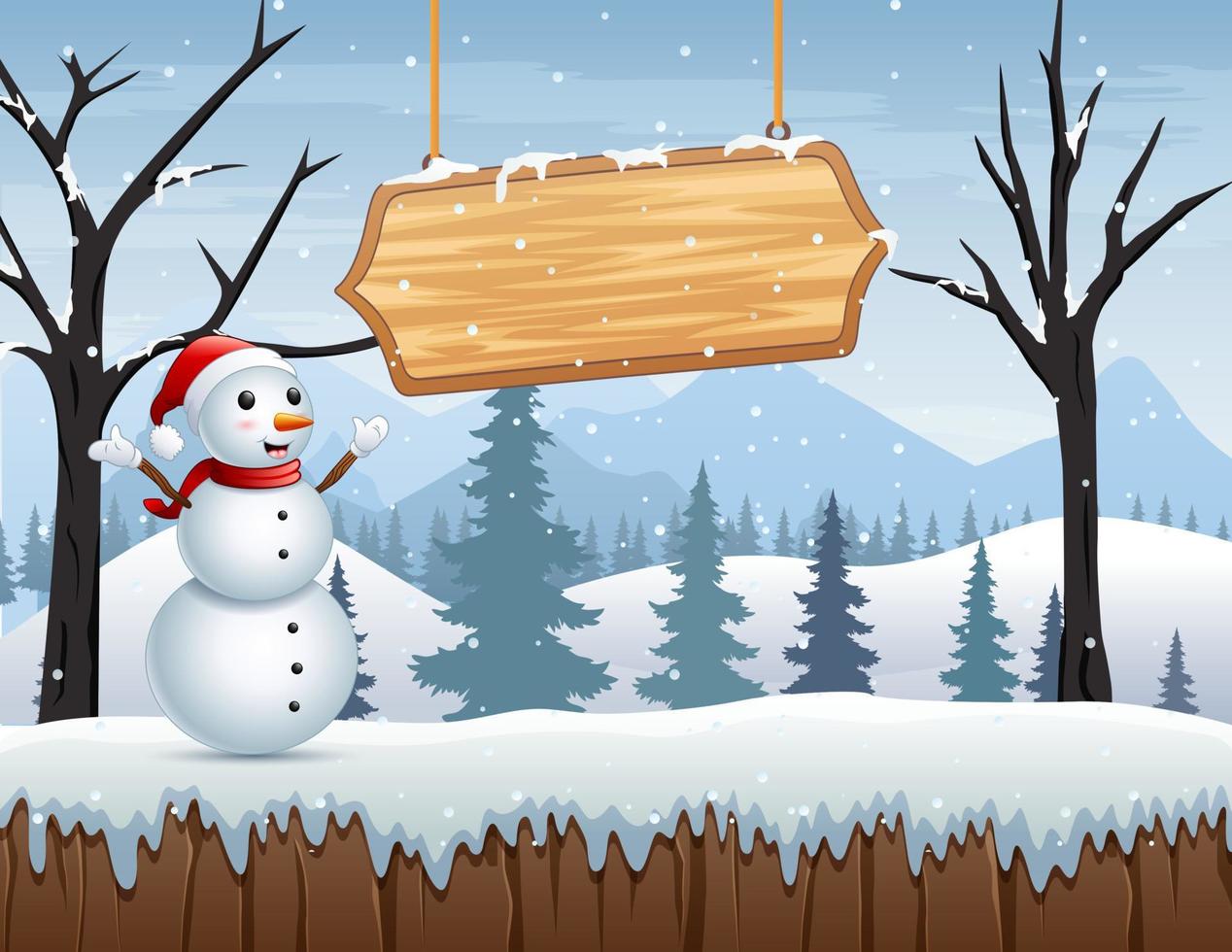 winterlandschap met een sneeuwpop en houten bord vector