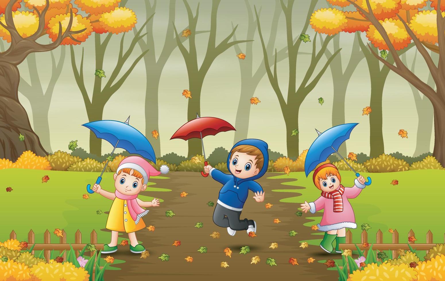 tekenfilm kinderen met paraplu in de herfst vector