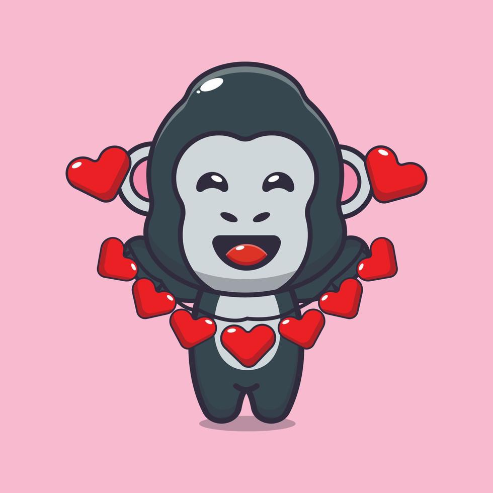 schattig gorilla stripfiguur met liefdesdecoratie op Valentijnsdag vector