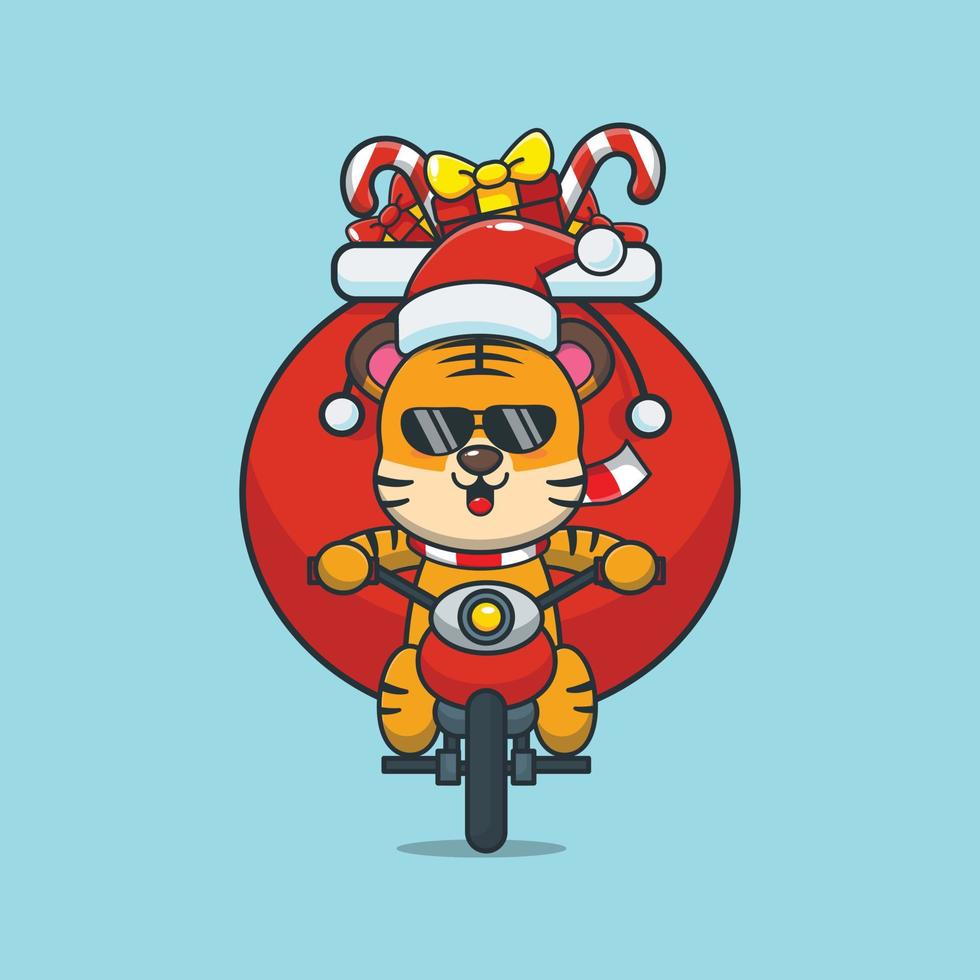 schattige tijger met een kerstmuts op een motorfiets vector