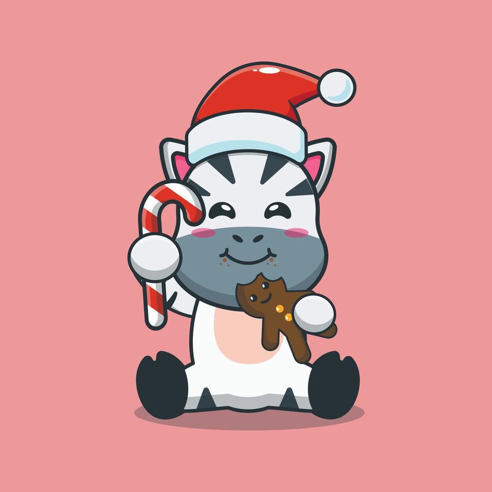 schattige zebra die kerstkoekjes en snoep eet vector