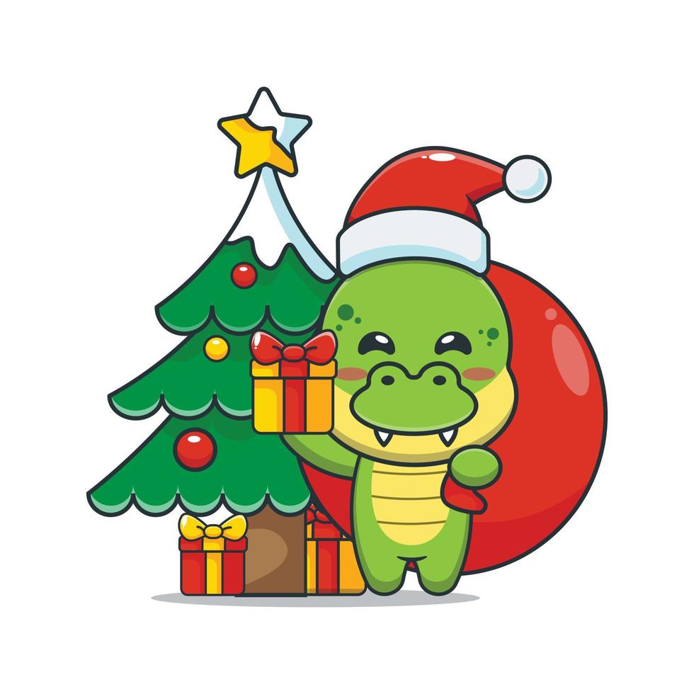 schattige dinosaurus met kerstcadeaudoos met kersttas vector