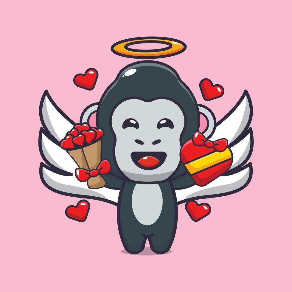 schattig gorilla cupid stripfiguur met liefdescadeau en liefdesboeket vector